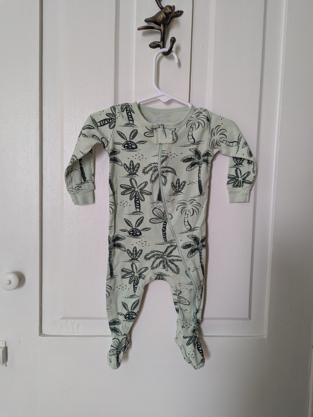 Baby Footed One-Piece Romper - Light Sage Palm Print, Organic Cotton 6m
